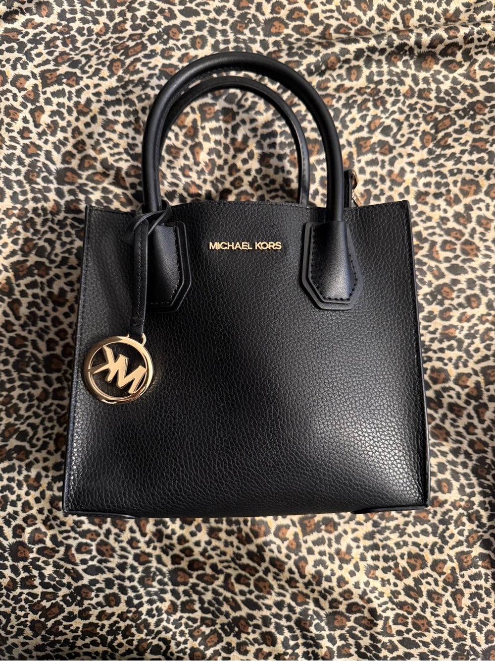 Michael Kors Black Pebbled Leather Satchel with Gold Charm